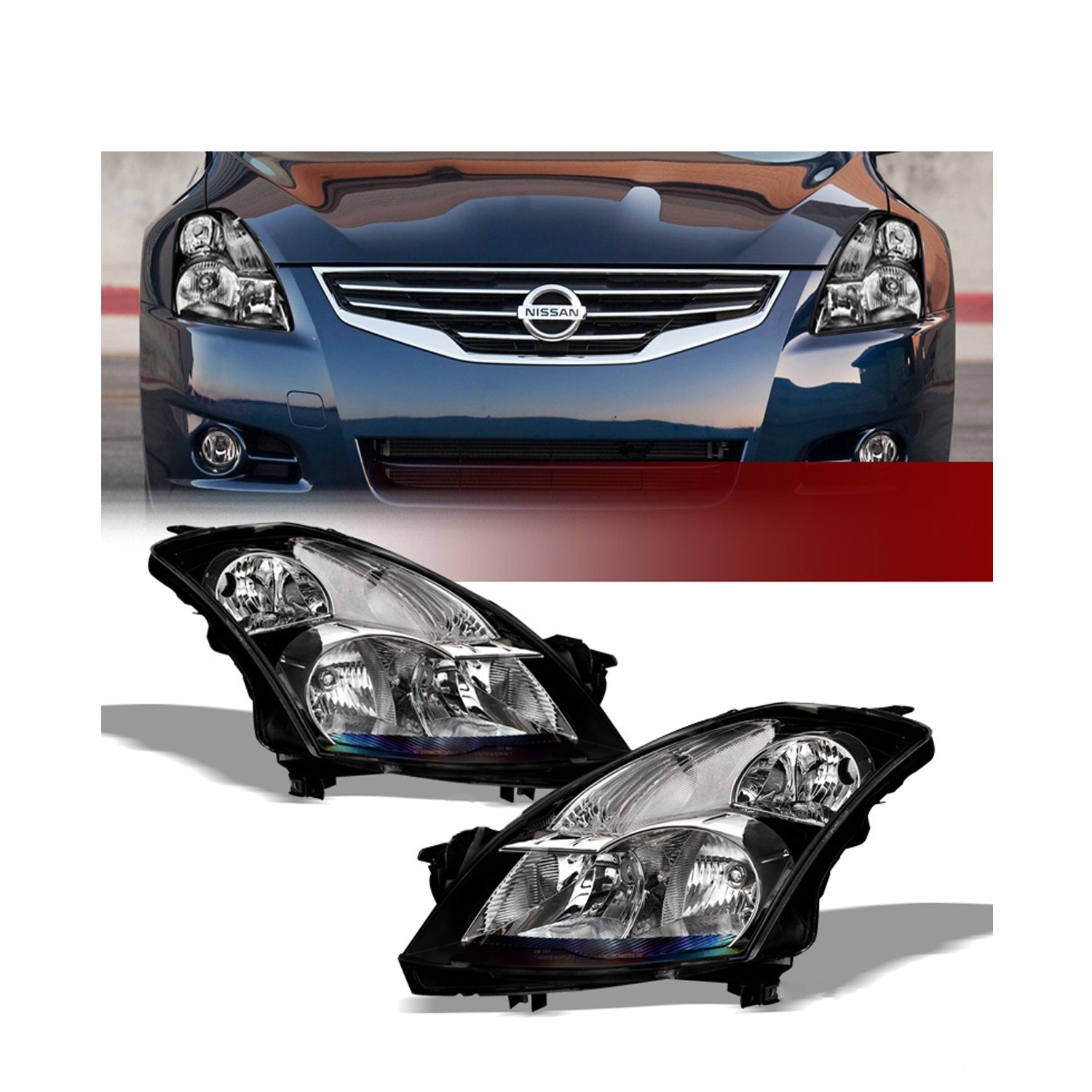 Headlight Assembly Pair For 2007-2009 Nissan Altima 4DR Sedan - Chrome Housing Clear Lens Replacement